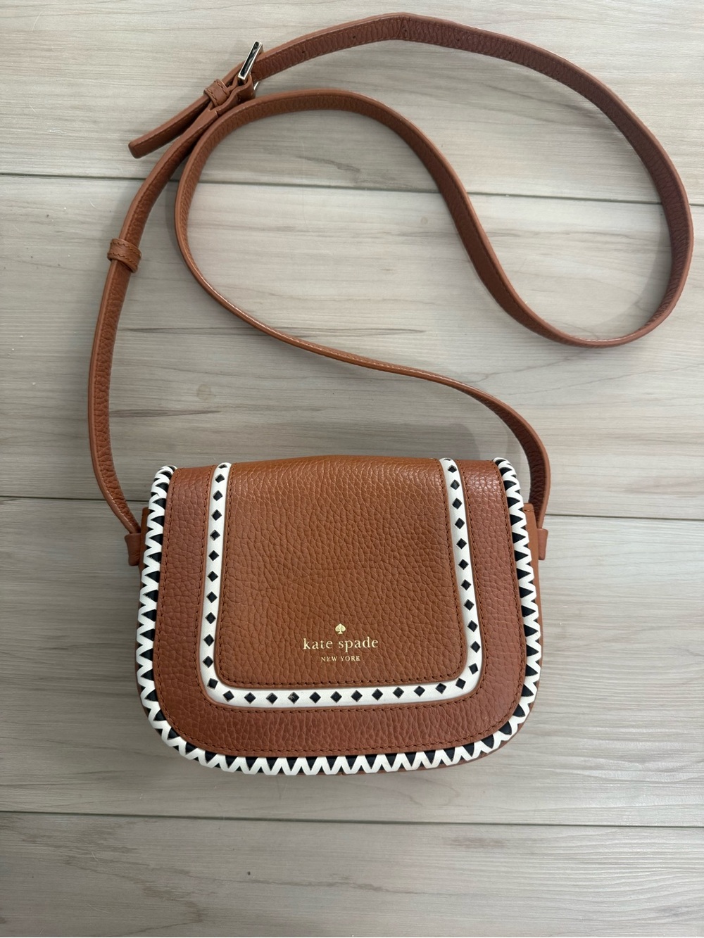 kate spade Tan Leather Crossbody with White & Black Trim